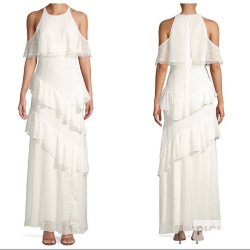 NWT BCBG MAX AZRIA 428 OFF WHITE COLD SHOULDER RUFFLE CHIFFON MAXI DRESS SZ 2